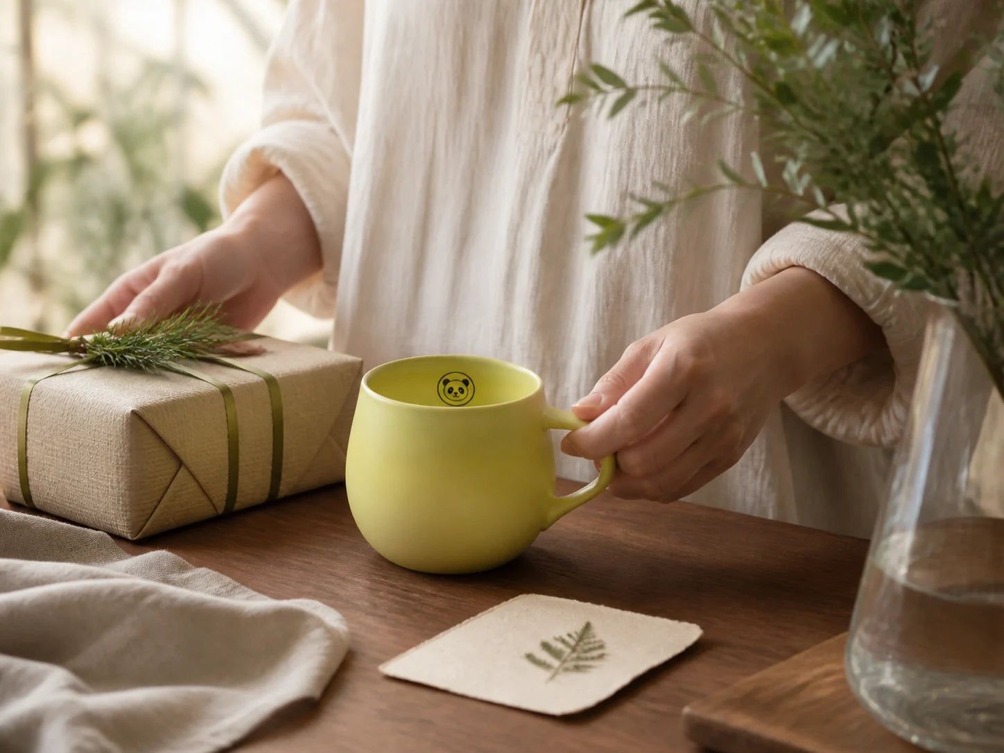 Green Urboria Orivon panda mug beside a wrapped gift in warm morning light