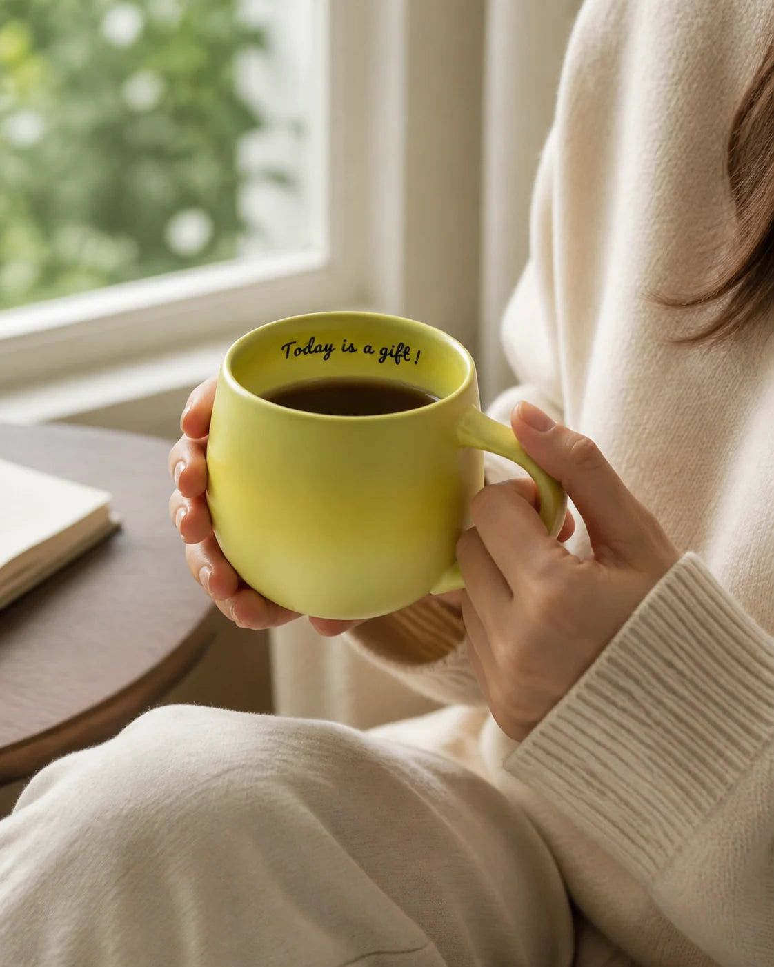 Hands holding an Urboria Orivon ceramic mug during a quiet morning drink