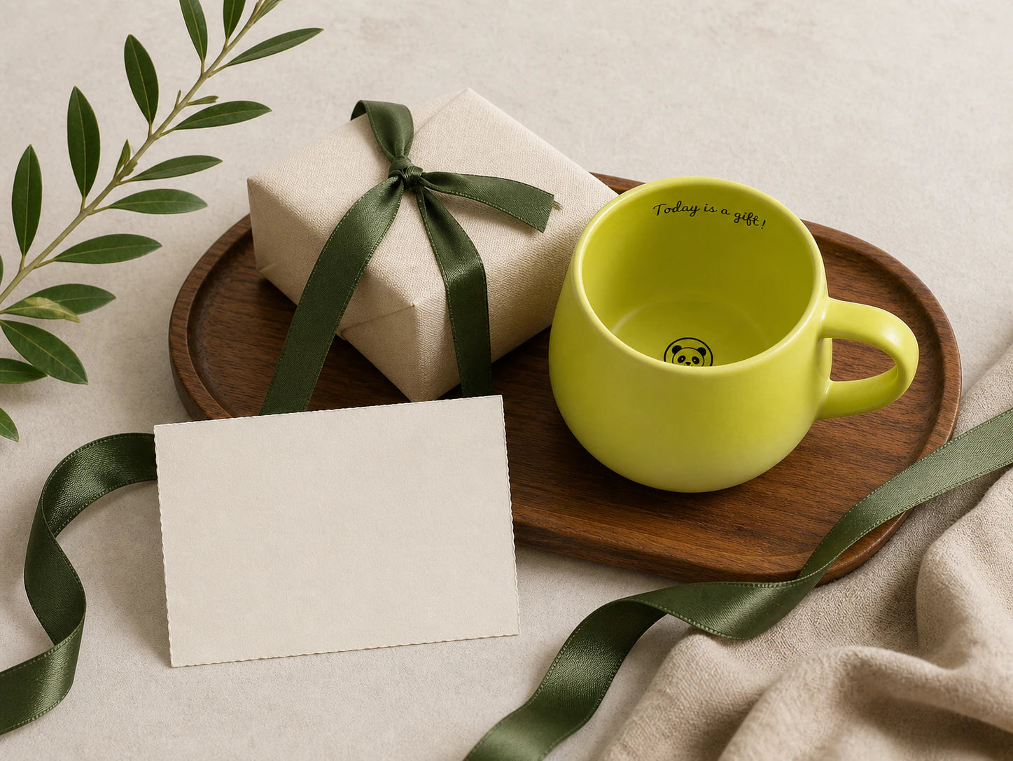 An Urboria Orivon ceramic mug arranged in a warm gift-ready still life