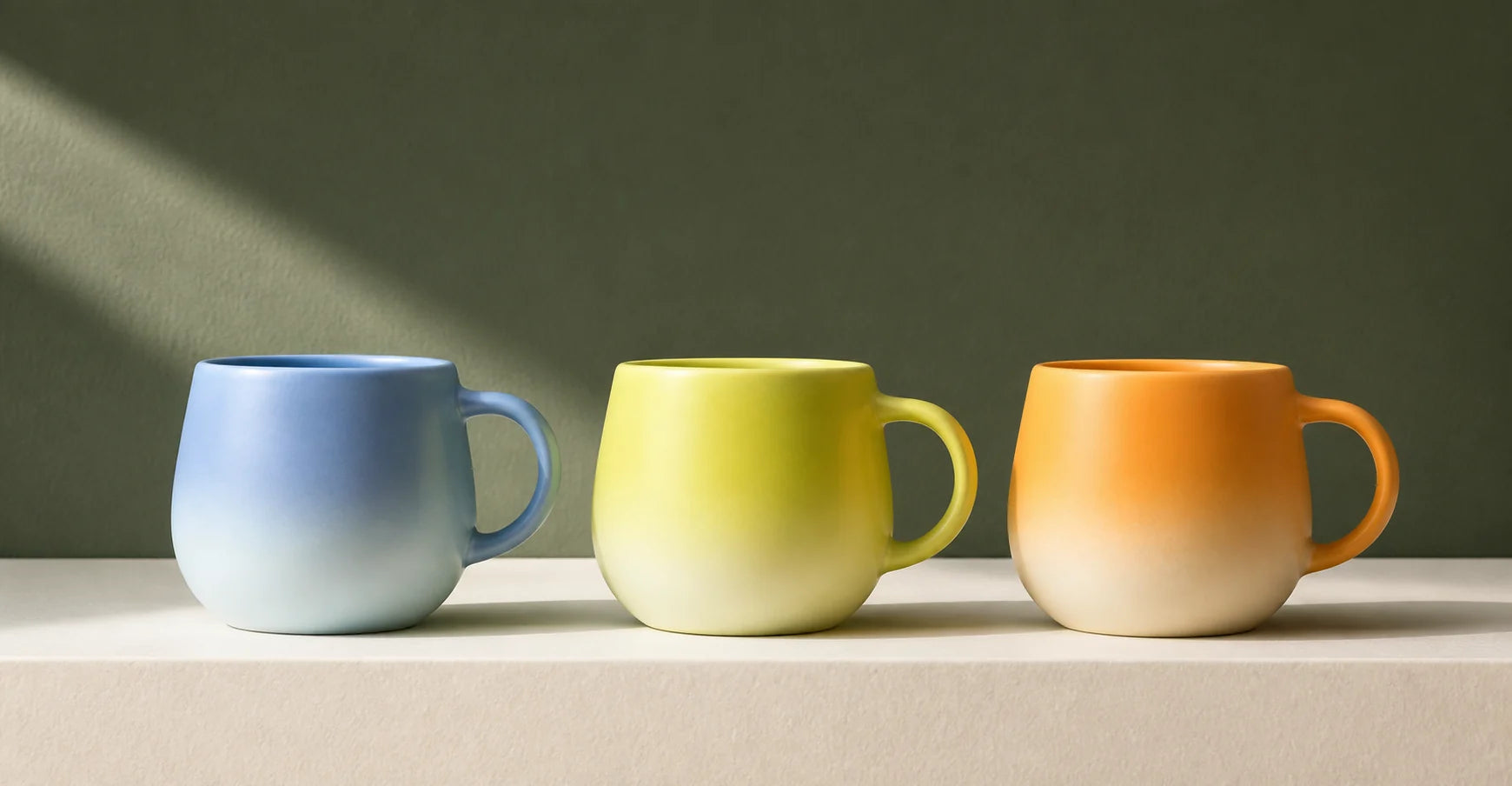 Blue, green, and yellow Urboria Orivon mugs arranged together