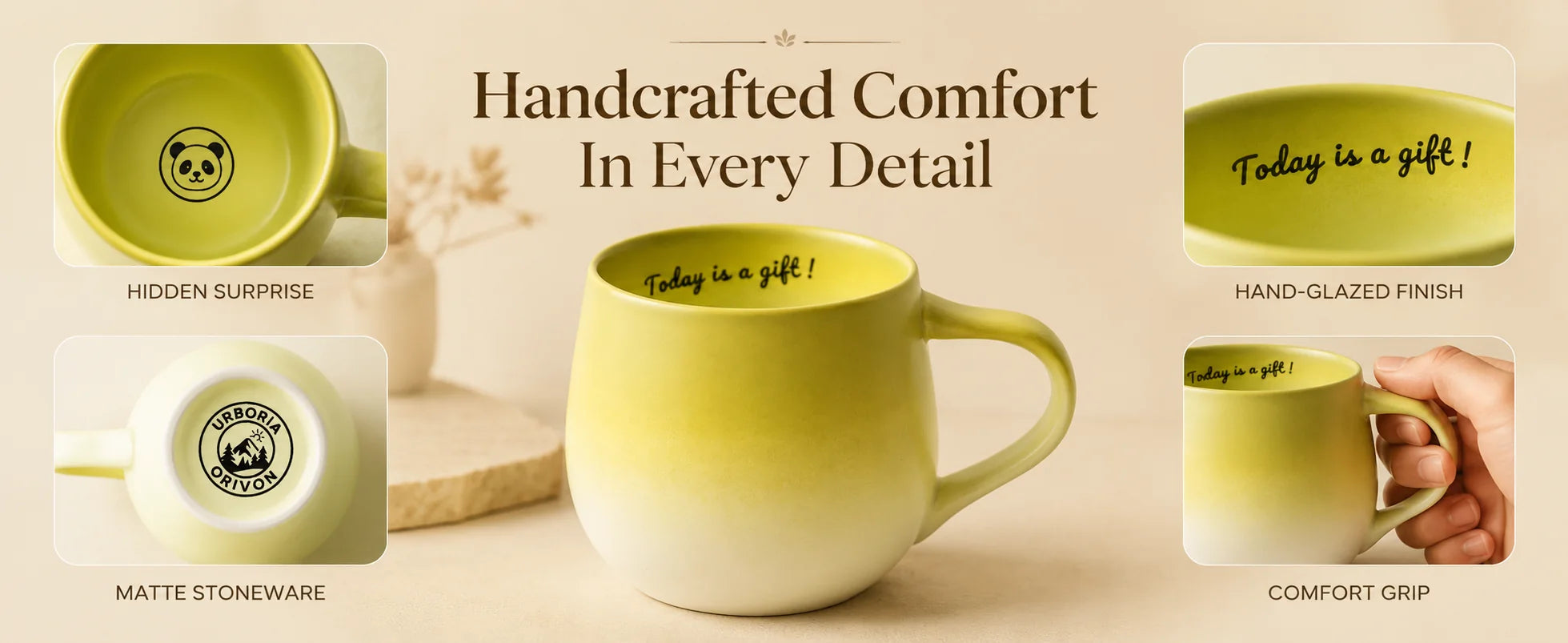 Detailed view of the Green Panda mug and the hidden panda illustration inside
