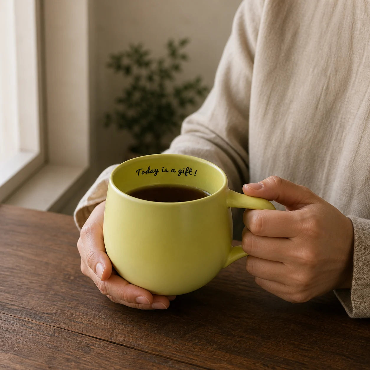 Green Panda mug held with both hands during a quiet coffee break