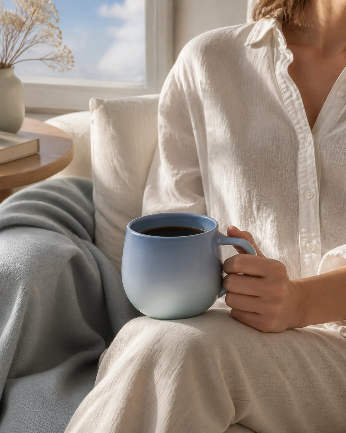 Blue Whale mug held during a softly lit coffee break