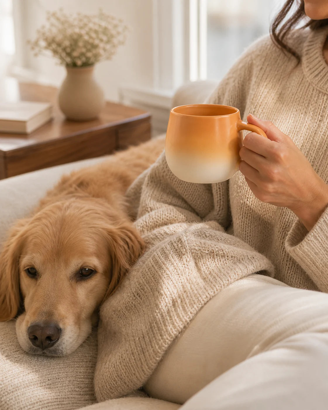 Yellow Dog mug held beside a resting golden retriever